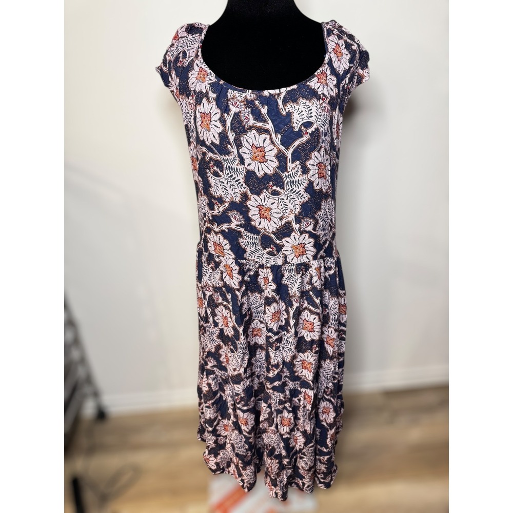 Feminine Knox Rose Navy‎ Floral Print Cap Sleeve Preppy Drop Waist Dress Size S